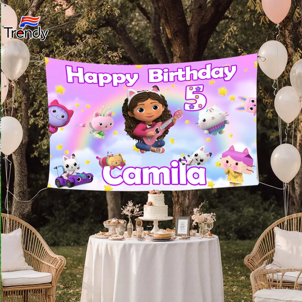 

Gabby Dollhouse Custom Birthday Backdrop Banner Flag Outdoor Banners Personalized Name Birthday Girl Background Kids Decorations