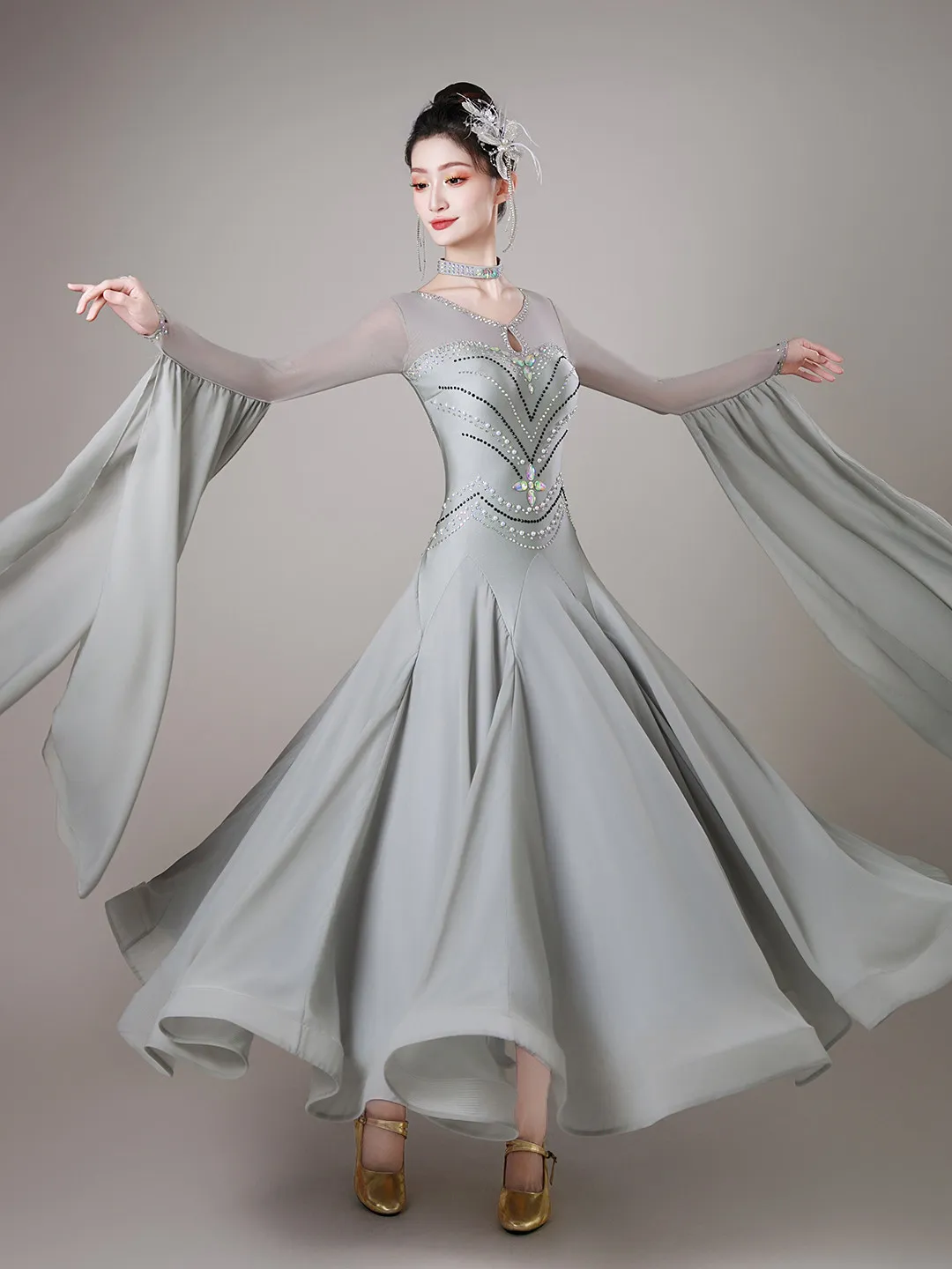 2026 Ballroom Dance Dress Competition Waltz Performance Costumes Clothes Long Sleeves And V-neck Modern Dance Evening Outfit