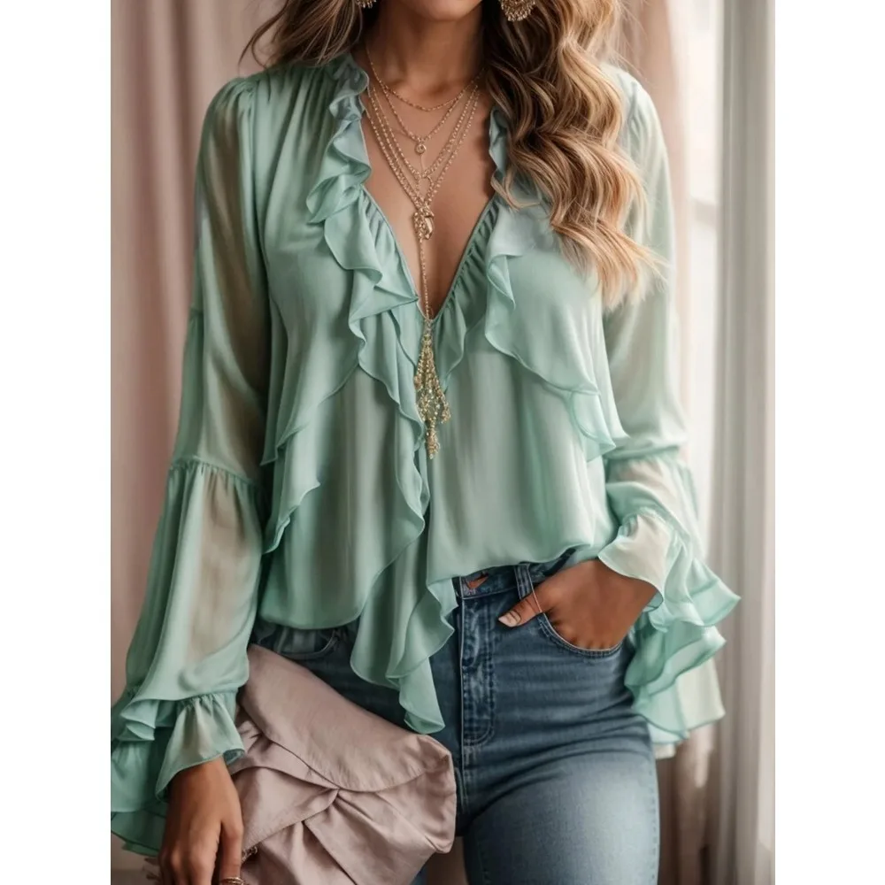 

Women's Summer Fashion Streetwear Elegant White Chiffon Ruffle Shirt V-Neck Flared Sleeve Loose Top
