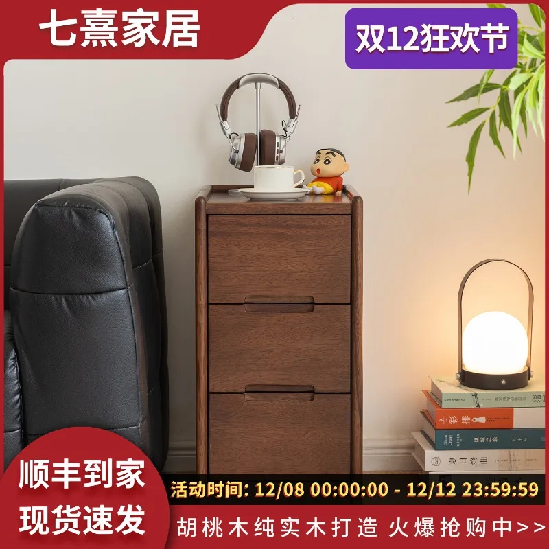 Black walnut all solid wood bedside table, simple and modern extremely three-draw narrow-side cabinet, bedroom storage cabinet,