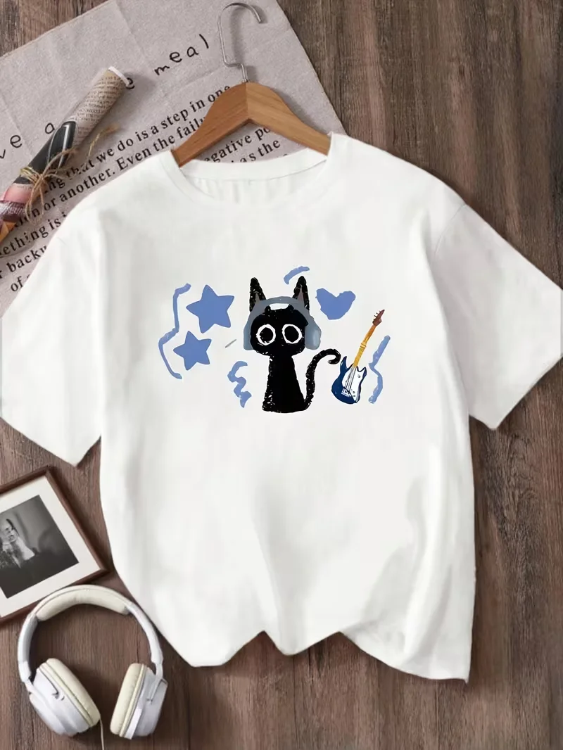 Cat Lover Gift Tee Women Y2K Summer Casual Top Black Cat Playful Print Loose Round Neck Versatile Soft Breathable Eco Friendly