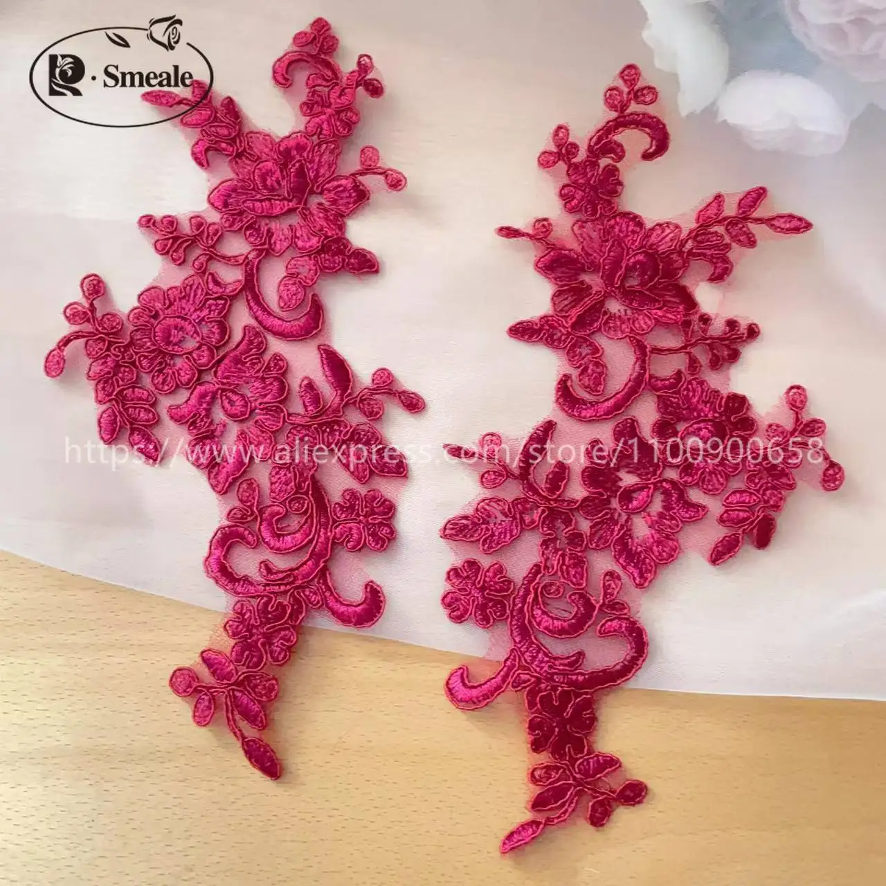 10 Stück/5 Paare. Spitzenborte mit glänzenden Pailletten und verspiegelten Blumen. Hochzeitskleid, Hochzeitsschuhe, Kopfschmuck, DIY-Nähzubehör. – Detail 5