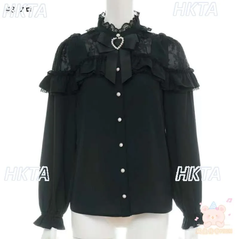 Japońskie, masowo produkowane bluzki Lolita z koronkowymi wstawkami i kokardą na jesień, uniwersalne, słodkie bluzki z długim rękawem i półgolfem dla dziewcząt.