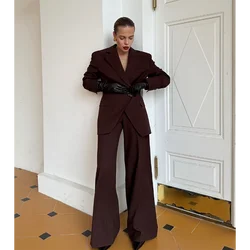 Fashion Dark Brown Single Button Women Pants Set New Female Two Pieces(Blazer+Trousers) conjuntos femininos elegantes