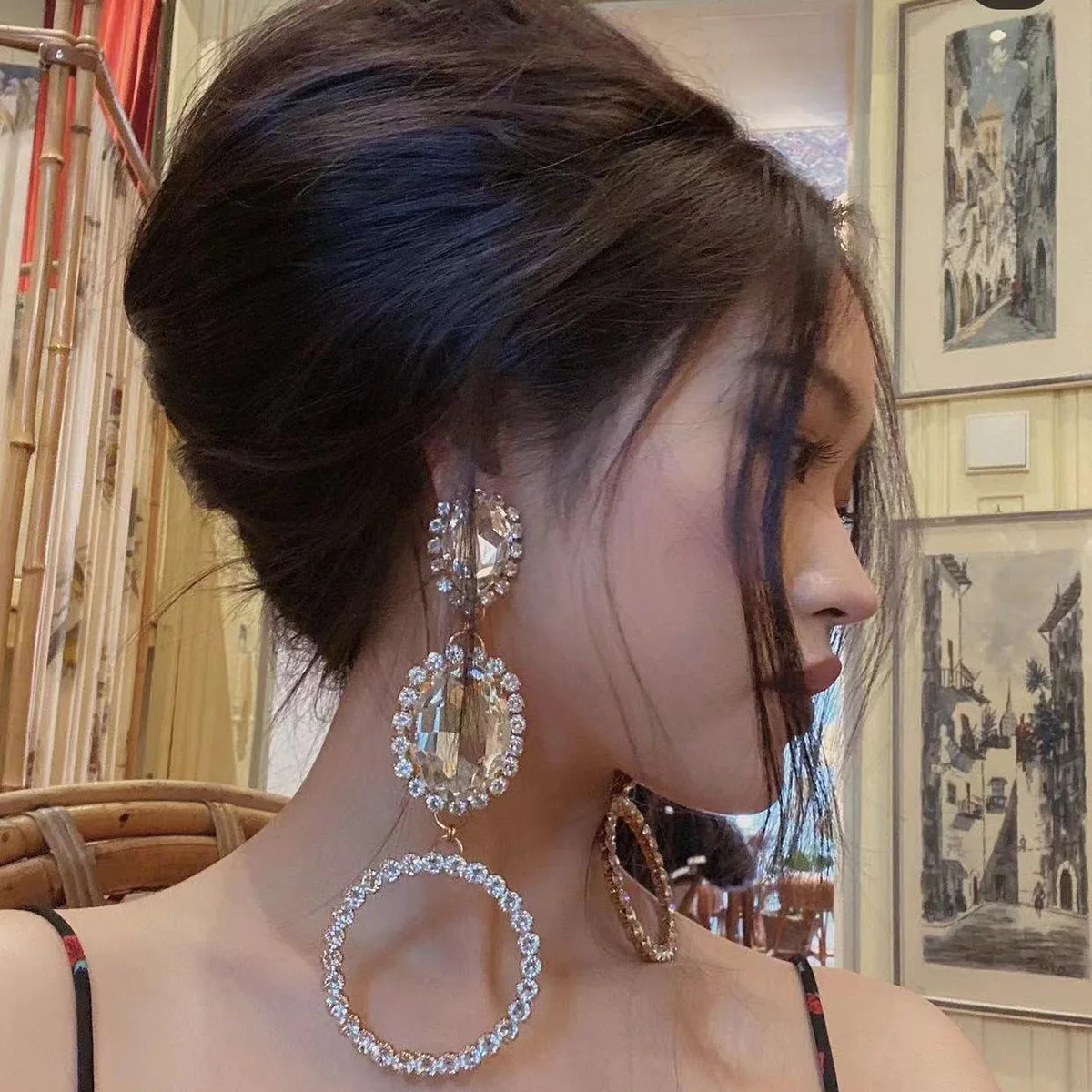 

Fashion Geometric Glass Rhinestone Round Earrings Women's Exaggerated Large Dangle Earrings Banquet Jewelry Accessories серьги