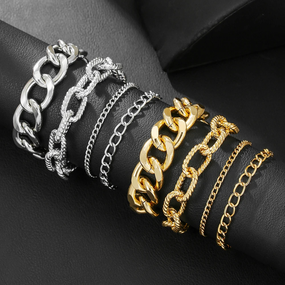 

4pcs/Set Hip Hop Punk Metal Chunky Chain Bracelet for Men Multilayer Twisted Bracelet & Bangle Dating Party Daily Wear Jewelry