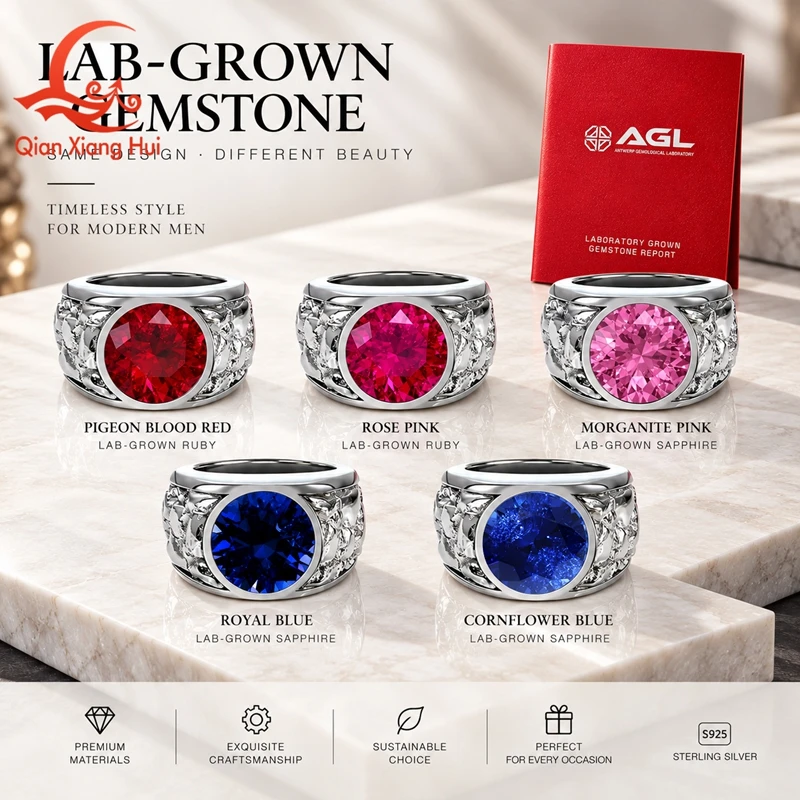 12mm Round Cut Lab Created  Ruby Sapphire Gemstone Men's Ring 925 Silver with Carved Textured Band Statement Ring Gift