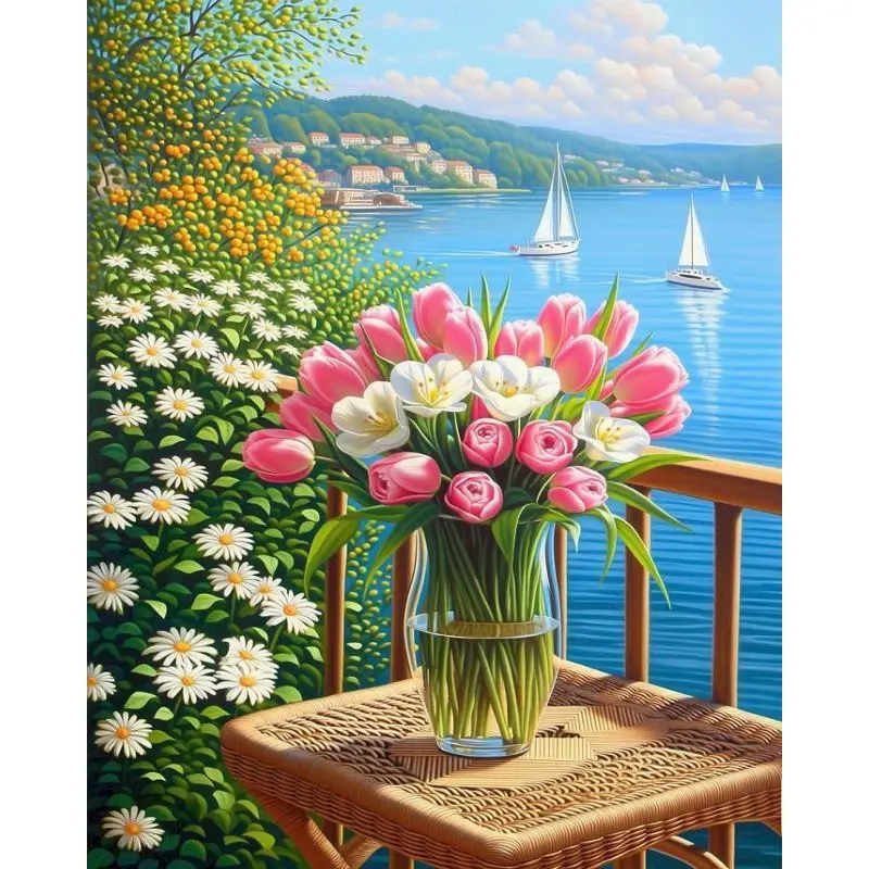 

CHENISTORY Painting By Numbers For Adults Lakeside Floral Oil Painting Diy Idea Landscape Paint On Canvas Modern Wall Decor