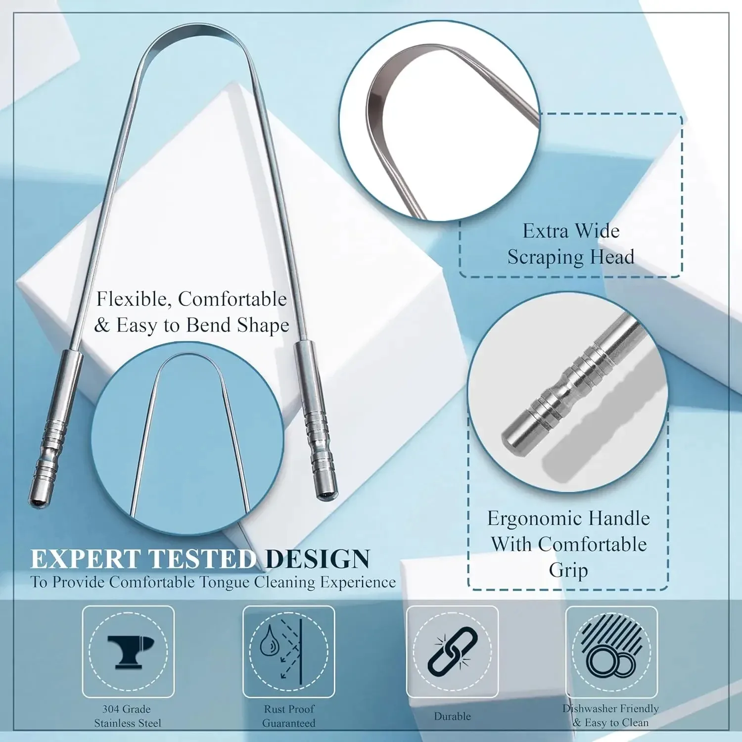 Stainless Steel Tongue Scrapers with Large Case, Tongue Scraper, Tongue Coating Scraper, Odorless, Exquisite Gift Box Packaging