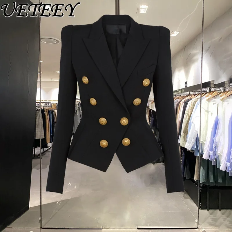 Veste blazer courte noire polyvalente pour femme, manteau imbibé de fouet, double boutonnage élégant, design de mode, nouveau, automne 2023