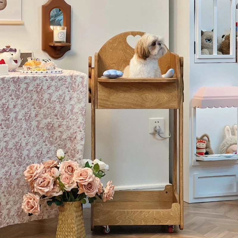 Pet dining chair, movable wooden cart, double-layer structure, high-end retro.