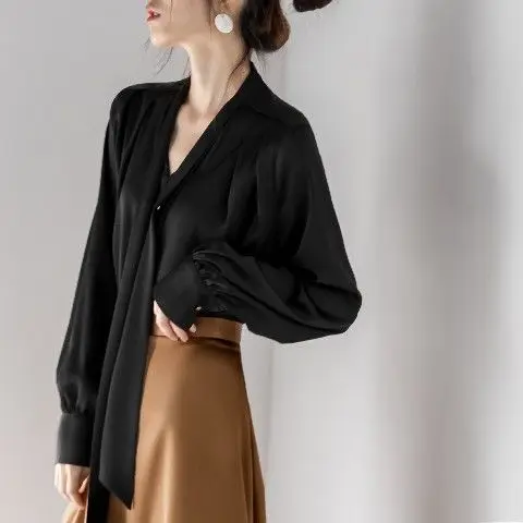 Woherb Office Lady Casual Blouse Temperament Shirts Women Bow Bandage Chic Long Sleeve Ins Fashion Tops  Elegant Blusas