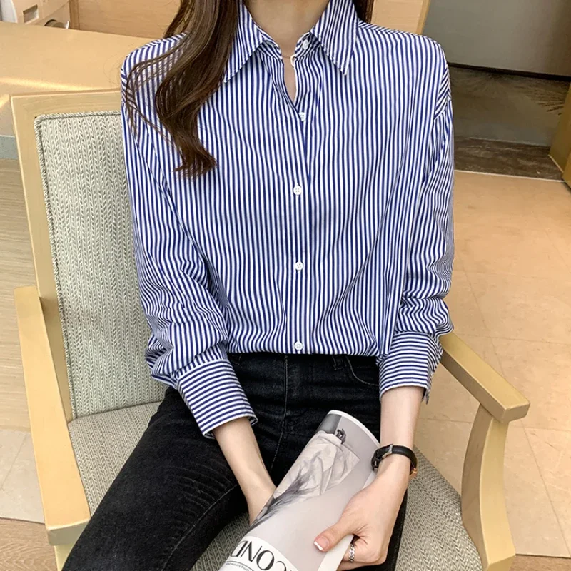 Camisas a rayas azules para mujer, Tops básicos diarios con solapa para oficina Ulzzang, temperamento de otoño, Harajuku clásico de manga larga, recién llegado