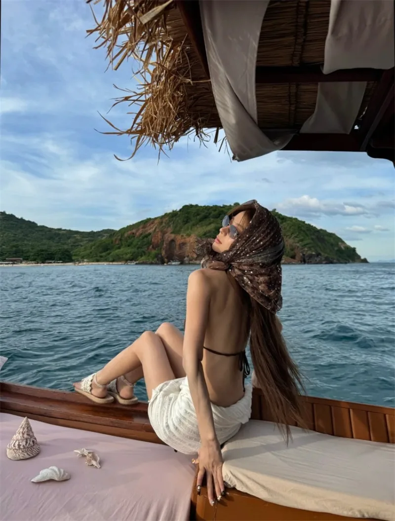 Sexy Hot Girl Three-Piece Bikini Set, Women's Cutout Knit Dress Cover-Up Figure-Flattering Slimming Beach Vacation Swimwear