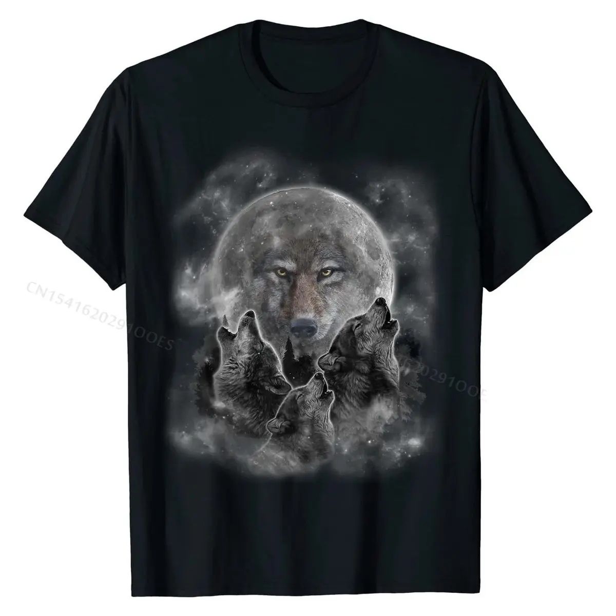 T-Shirt, Three Wolves Howling, Full Moon w Wolf Silhouette Oversized Mens T Shirts Cotton Tops & Tees Street