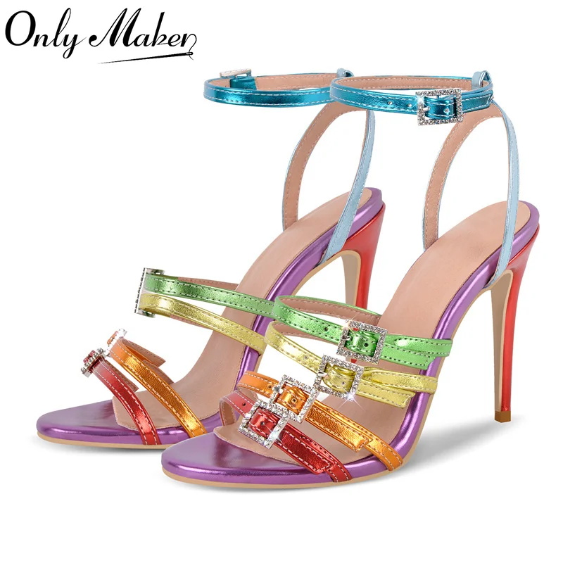 

Onlymaker Women Open Toe Colorful Rhinestones Ankle Strap Sandals High Stiletto Strappy Pumps Party Heels