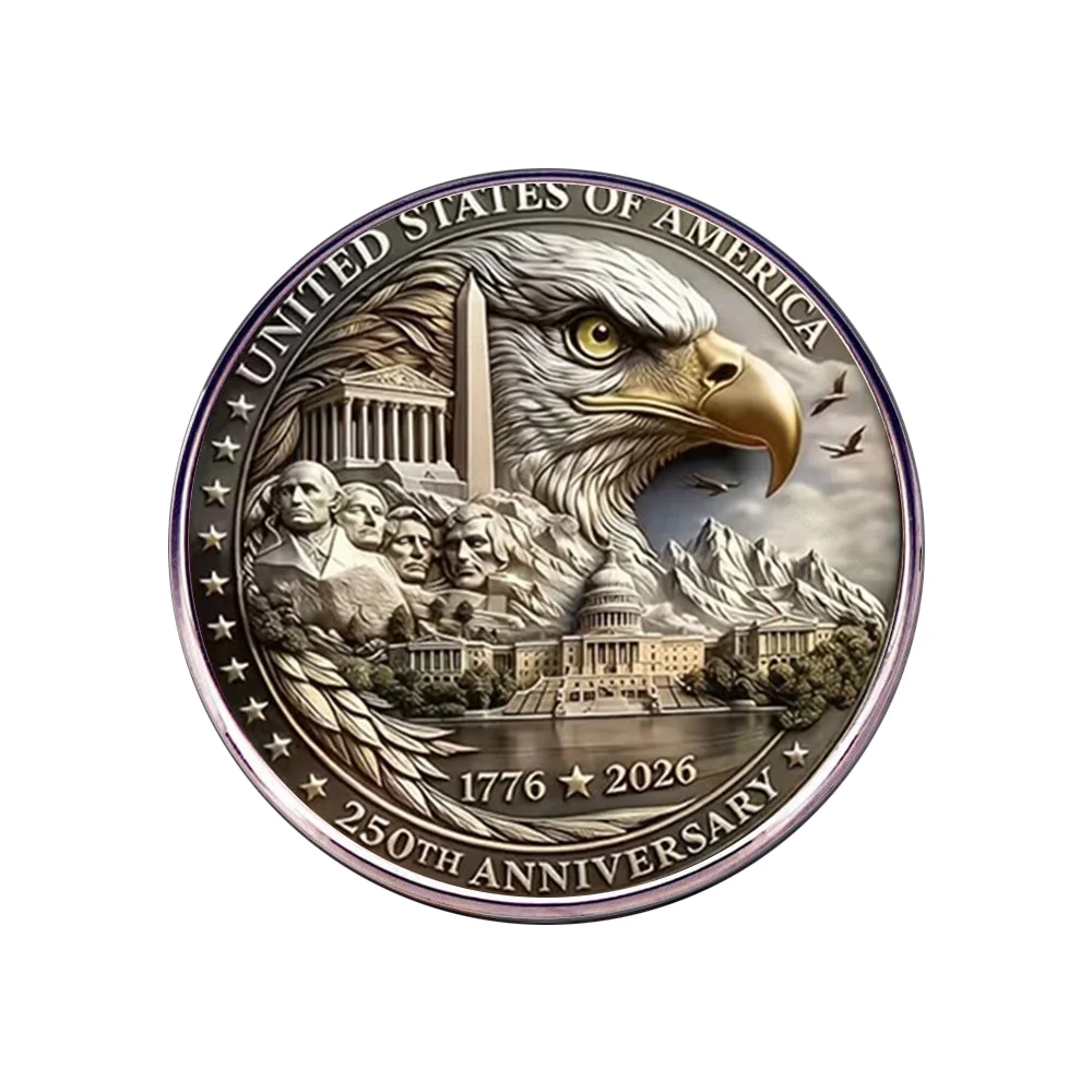 Flat Stainless Steel Glass Brooch United States 250th Anniversary 1776-2026 Eagle National Landmarks Patriotic Lapel Pin