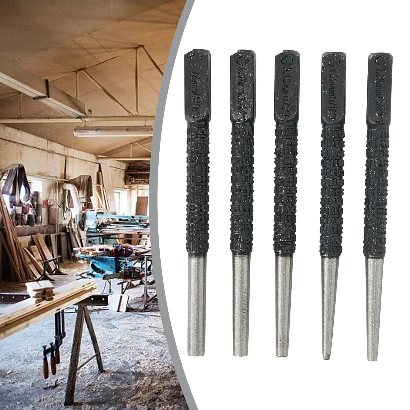 5pc Nail Punch Set Knurled Body Square Punch Length 100mm Punching Tool Drilling Holes For Breaker Puncher Hands Tool