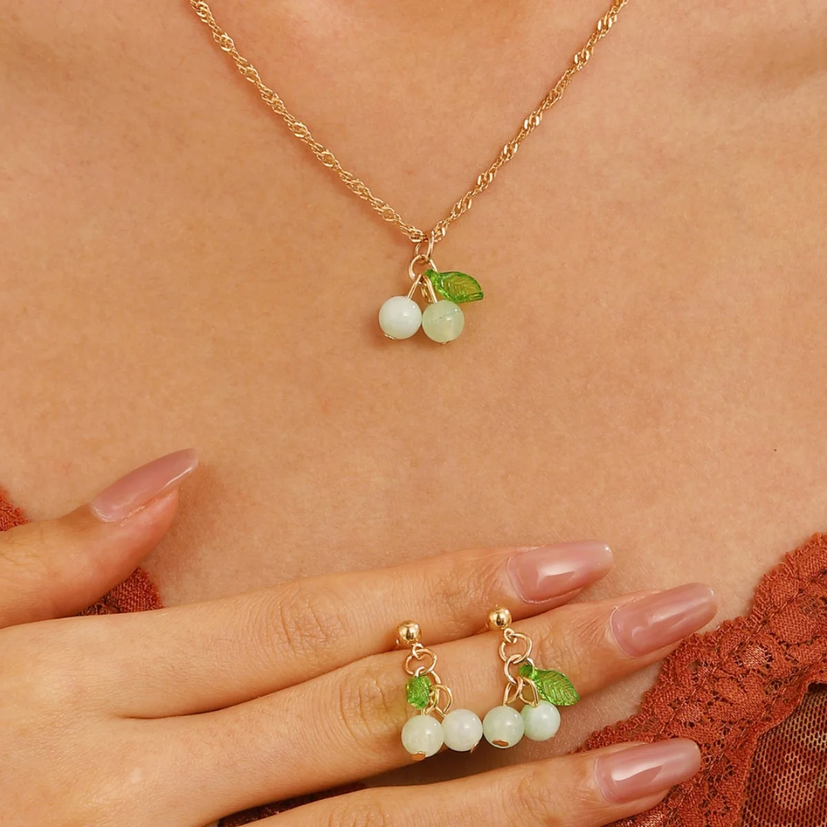 Cherry Red Necklace & Earring Set, Elegant Collarbone Chain