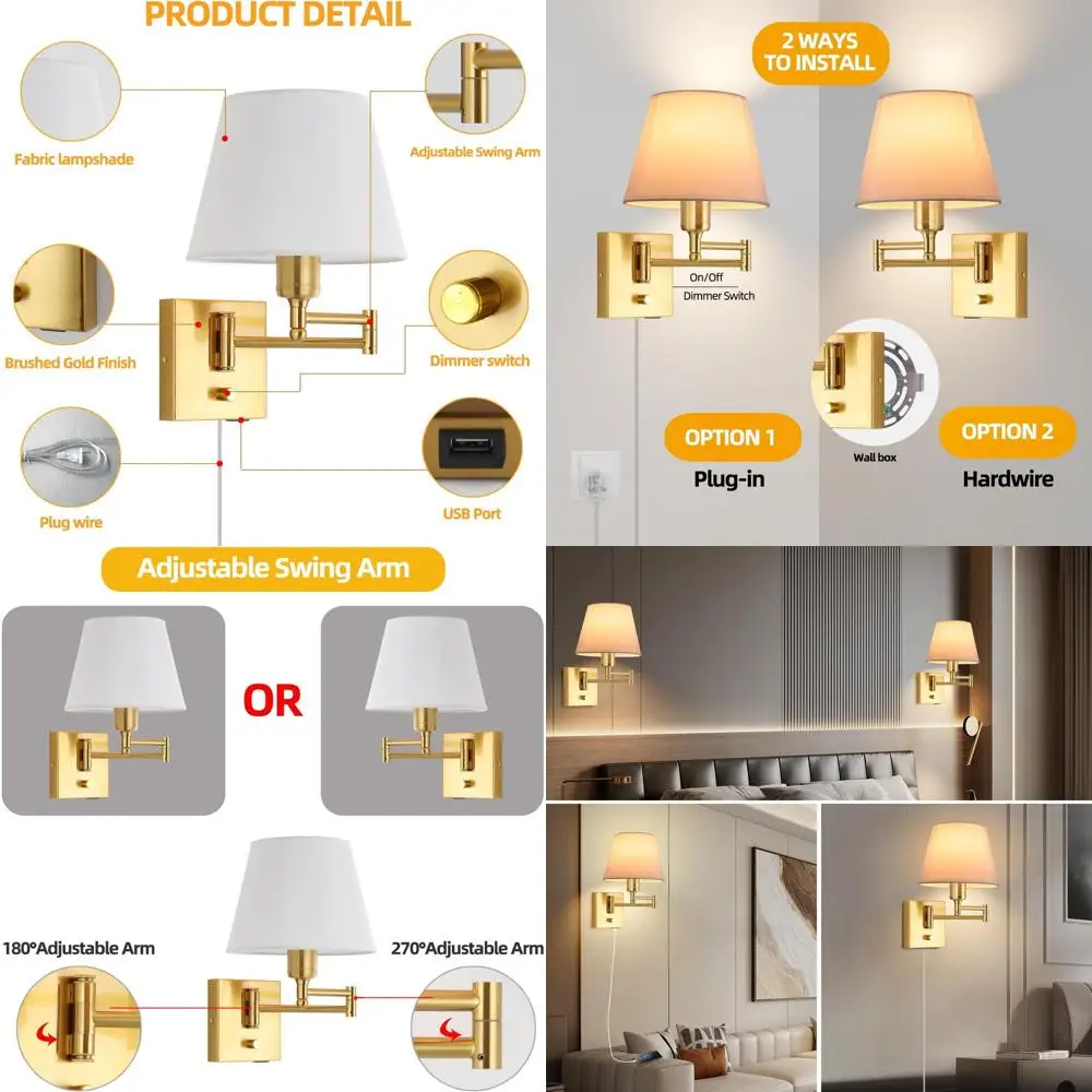 

Dimmable Swing Arm Wall Sconce with USB, Fabric Shade, and Plug-in Cord, Gold Bedroom/Living Room Light