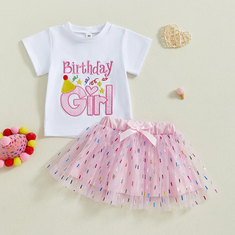 Cute Infant Girl Party Dress Set with Sparkly Tulle Skirt and Embroidered Letter Tee for Birthday Celebration