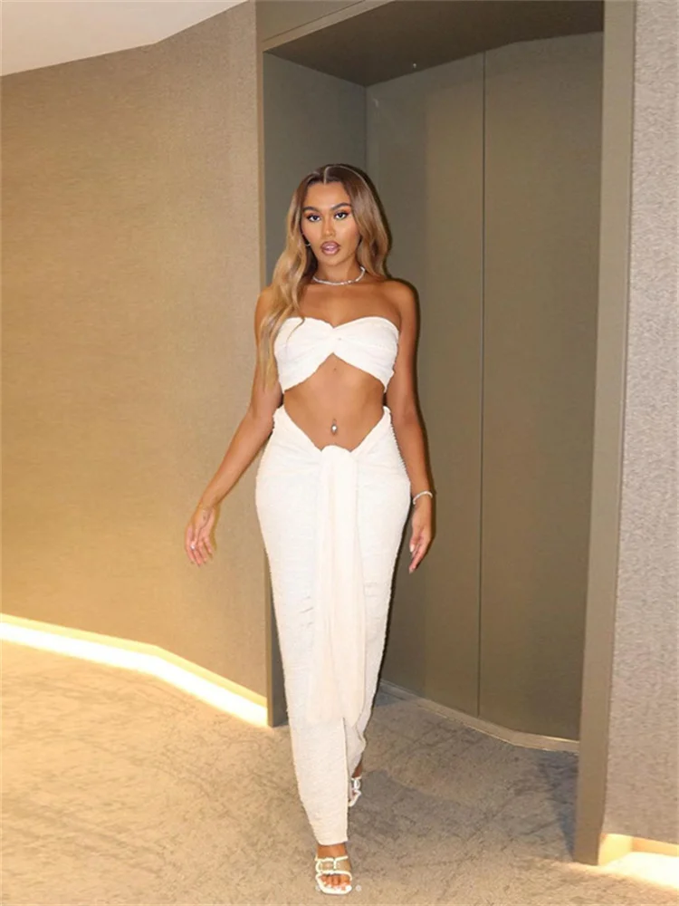 

Insglas Thin Women Solid Two Piece Set Elegant Stacked Folds Strapless Chest Tops+Slim Skirts Female Streetwear Matching Suit