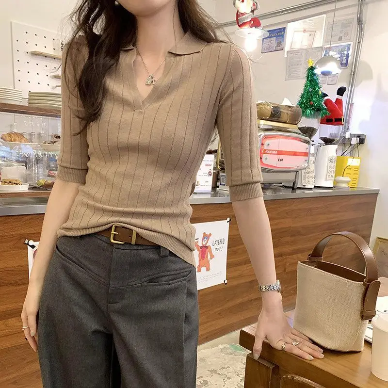 Women Clothing Summer New Half Sleeve Solid Simplicity Temperament Pullovers Top Polo Neck Slim Elegant T Shirts Fashion Korean