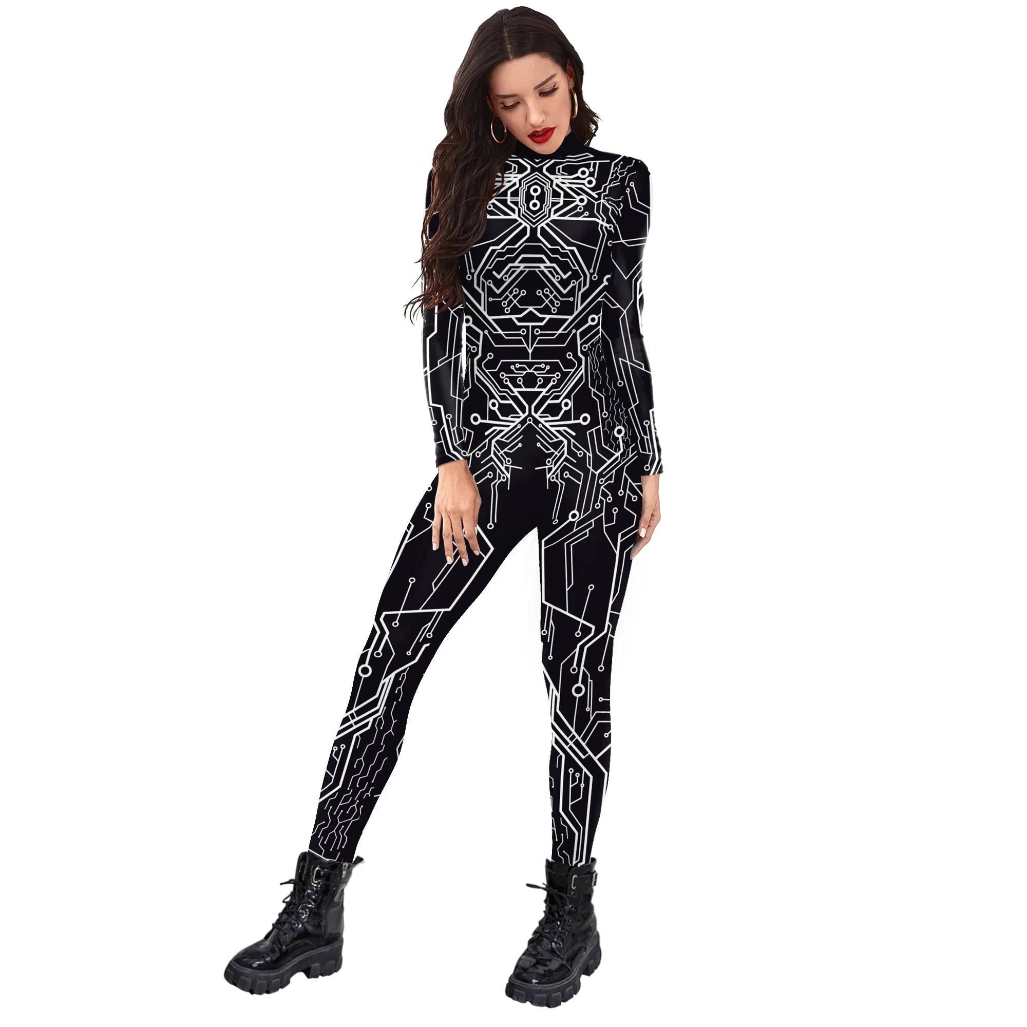 Network Lines Pattern Jumpsuit Punk Men Halloween Cosplay Costume Couple Skiny Bodysuit Adult Carnival Catsuit Spandex Rompers