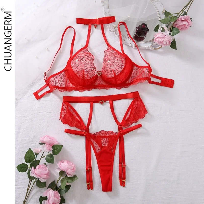 

CHUANGERM Womens Sexy Lingerie Sets Garter belt Bra intricate craftsmanship see-through embroidery love pendant sexy lingerie