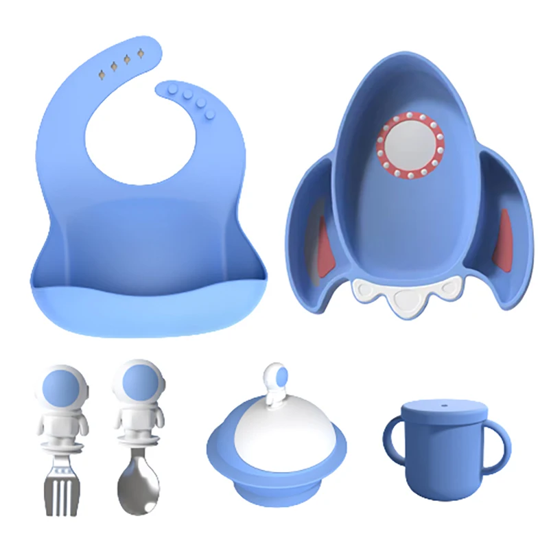 Silicone Baby Feeding Set Cartoon Non-slip Baby Bib Sucker Bowl Plate Cup Spoon Fork Sets Divided Plate Feeding Tableware