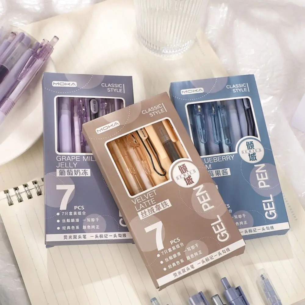 7Pcs/Set High Quality Quick-Drying Ink Gel Pen ST Tip Student Specific Highlighter Pen Set Gift Stationery Pen Set School Office