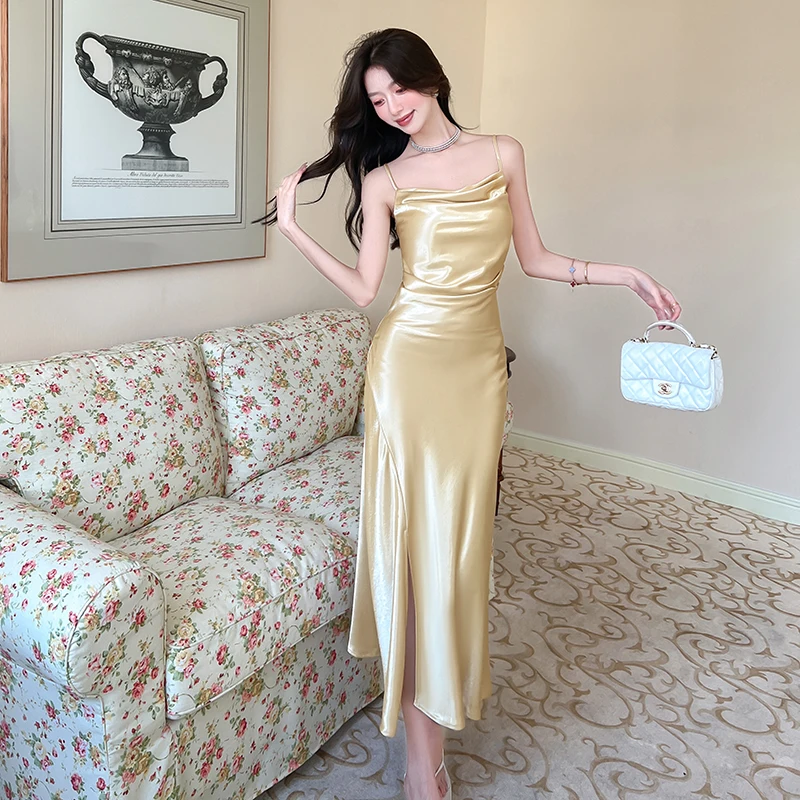 Women Sleeveless Yellow Camisole Dress Spring Summer Silk Satin Long Dress Slim Slit Sexy Party Dresses