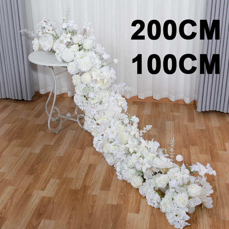 200/50cm Luxury White Rose Artificial Flower Row Wedding Table Centerpiece Flowers Backdrop Wall Arches Decor Party Stage Floral