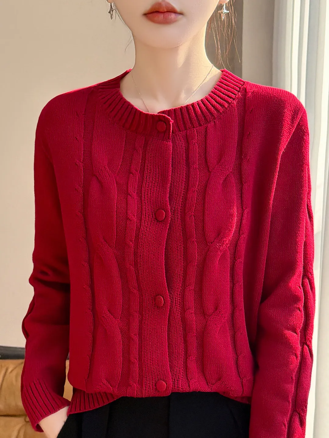 

Red Cotton Knitted Vintage Sle round Ne Open Cardigan Women's Thiened Loose Sweater Coat New Year's Collection