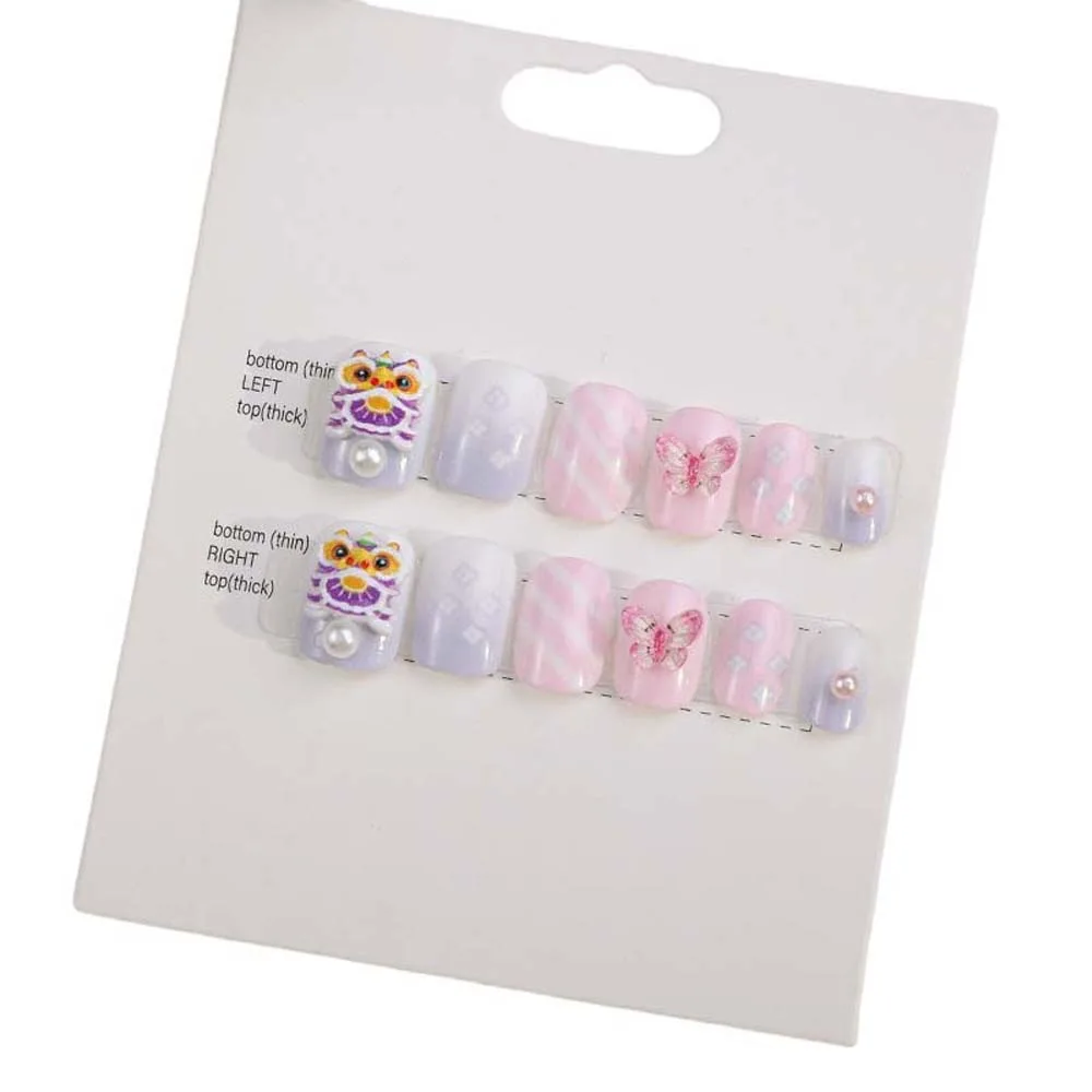 12Pcs/set Lion Dance Children New Year False Nails Red Pink Color Short Square Shaped Cartoon Fake Nails Nail Supplies
