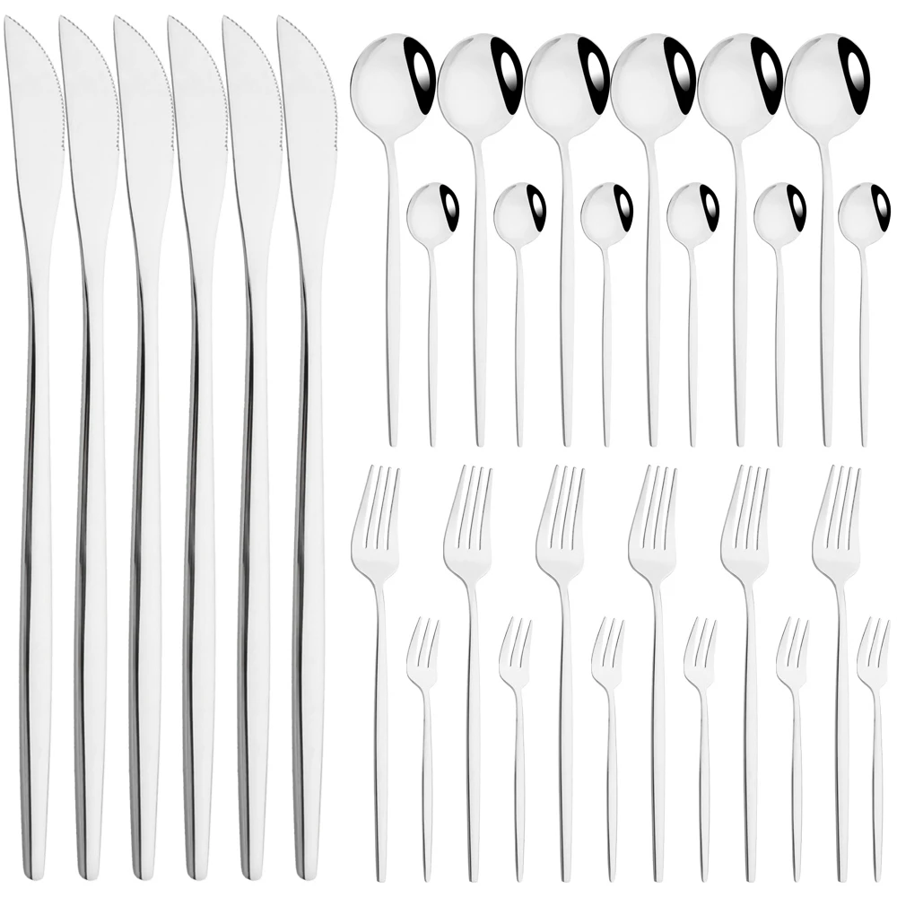 

30Pcs Silver Dinnerware Set Knife Cake Fork Tea Spoon Cutlery Set 6 People Stainless Steel Silverware Kitchen Flatware Tableware