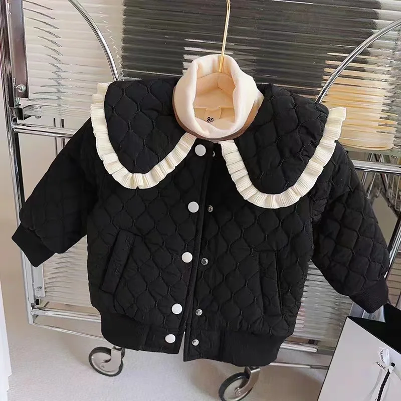 2024 Girls Winter Jacket Baby Clip Cotton Lapel Warm Coat Autumn New Children Thickened Solid Color Sweet Cute Clothes 12M-5Y