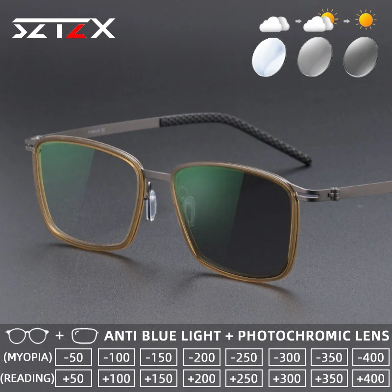 

SZTZX Retro Titanium Photochromic Reading Glasses Anti Blue Light Oversize Frame Myopia Glasses Progressive Prescription Eyewear