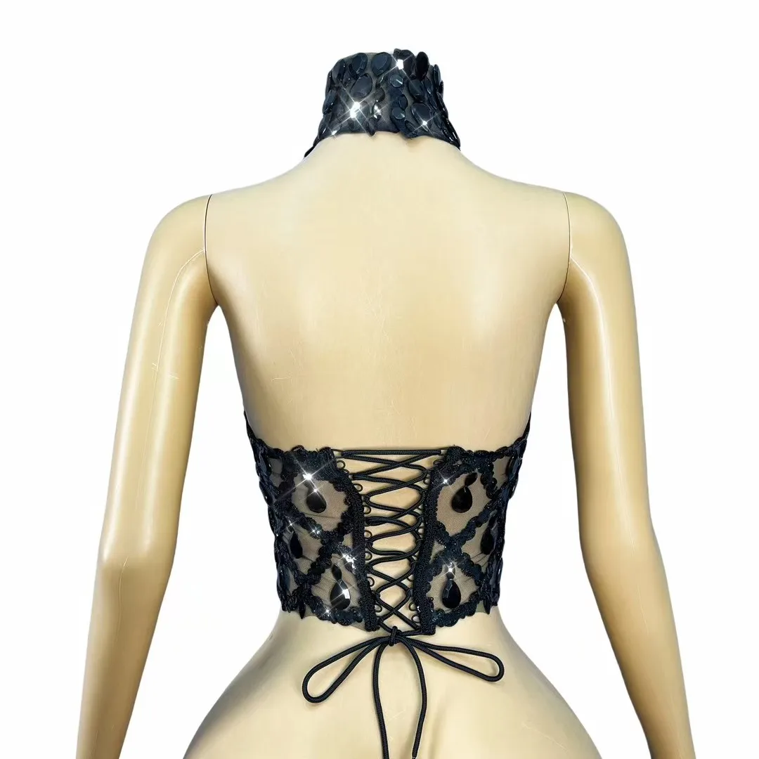 Shaokaojia negrito lingerie feminina sexy malha preta com strass lantejoulas amarrado corda superior bar festa carnaval festival de música outfit