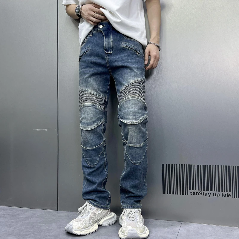 

Blue retro biker's jeans for men2024new slim straight stretch casual patchwork pleated design long pants