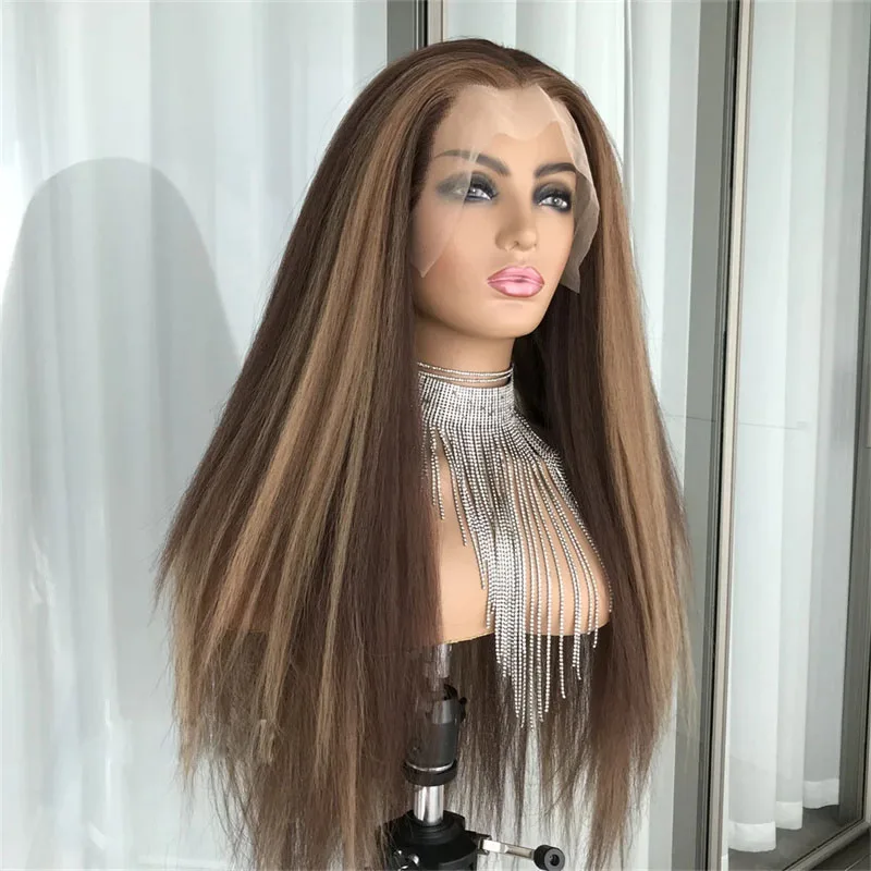 Kinky Straight Lace Front Wig para mulheres, destaque loiro, cabelo do bebê, resistente ao calor, sem cola, pré-arrancado, marrom, 180 Densidade, 26 Polegada