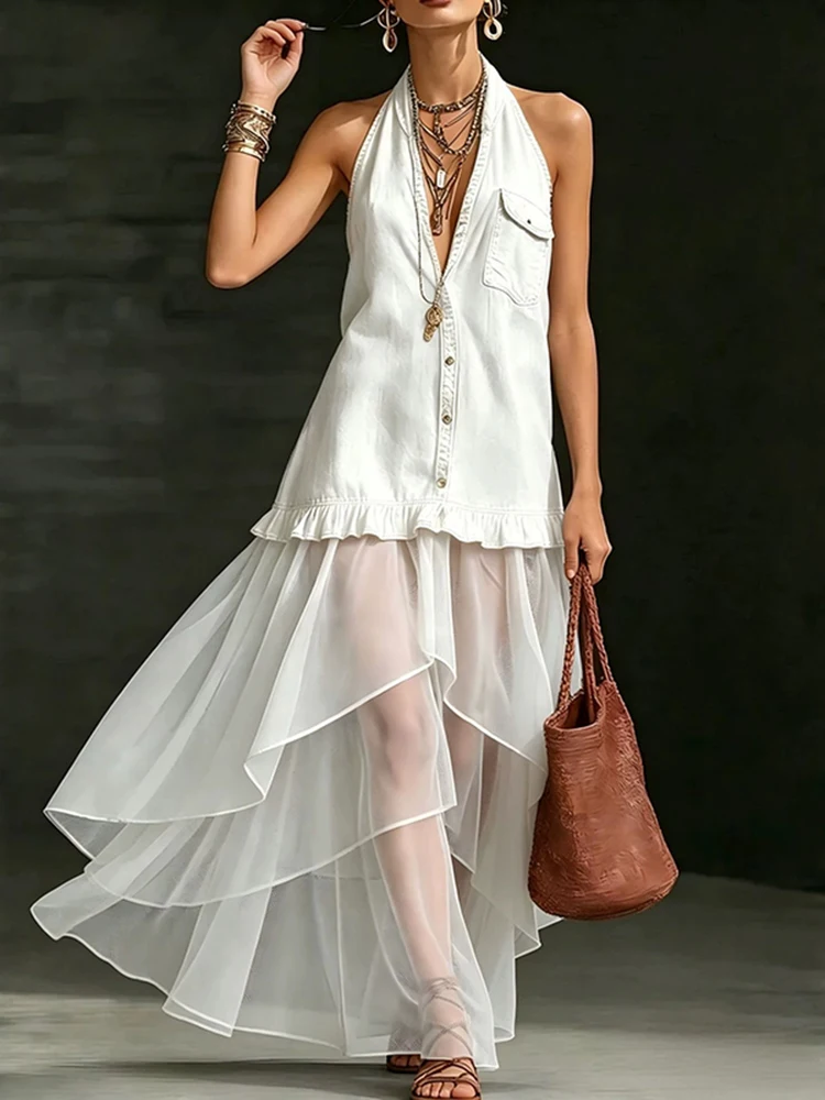 Elegant Ruffled Solid Party Dress 2026 Sexy Halter Sleeveless Denim Dress Women Fashion Single-breasted Irregular Hem Long Dress