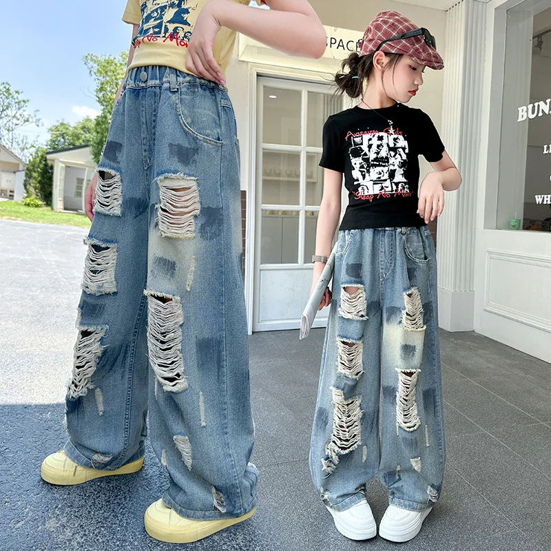 Korean Child High Fashion Broken Jeans With Holes for Teen Girl Trendy Retro Washed Blue Denim Pants Kids Street Hiphop Trousers