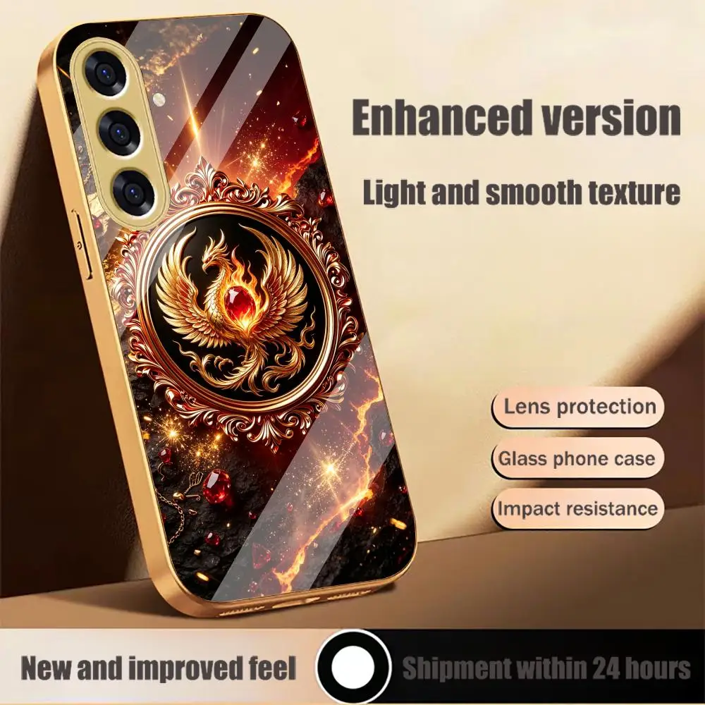 Golden Fire Phoenix HD Multi-color variants glass phone case for Samsung Galaxy S26 S25 S24 S23 S22 FE,Ultra,Plus Dropresistant