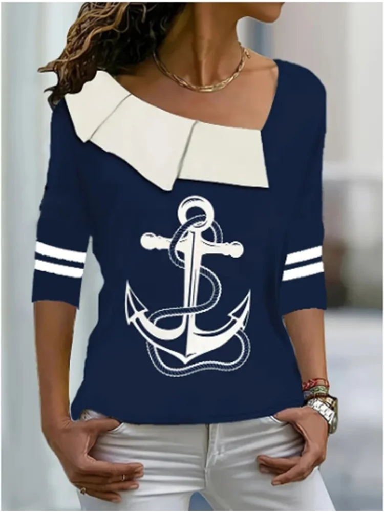 Футболка женская с длинным рукавом и воротником, модный элегантный Свободный Повседневный однотонный топ синего цвета