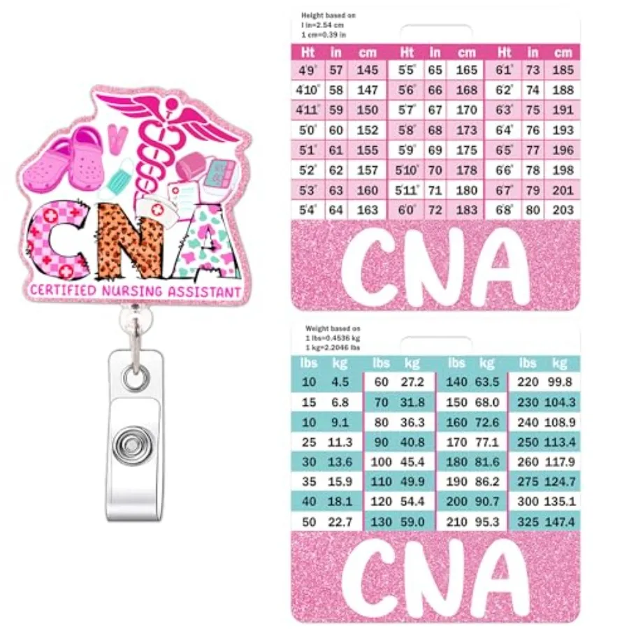 CNA Badge Reel with Badge Buddy w/Height and Weight Conversion Charts Retractable id holder with swivel clip, and double-sided