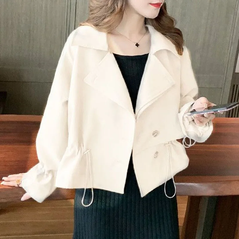 Autumn Fashion Korean Edition Drawstring Flip Neck Solid Color Short Small Windbreaker Loose and Versatile Western Style Coat