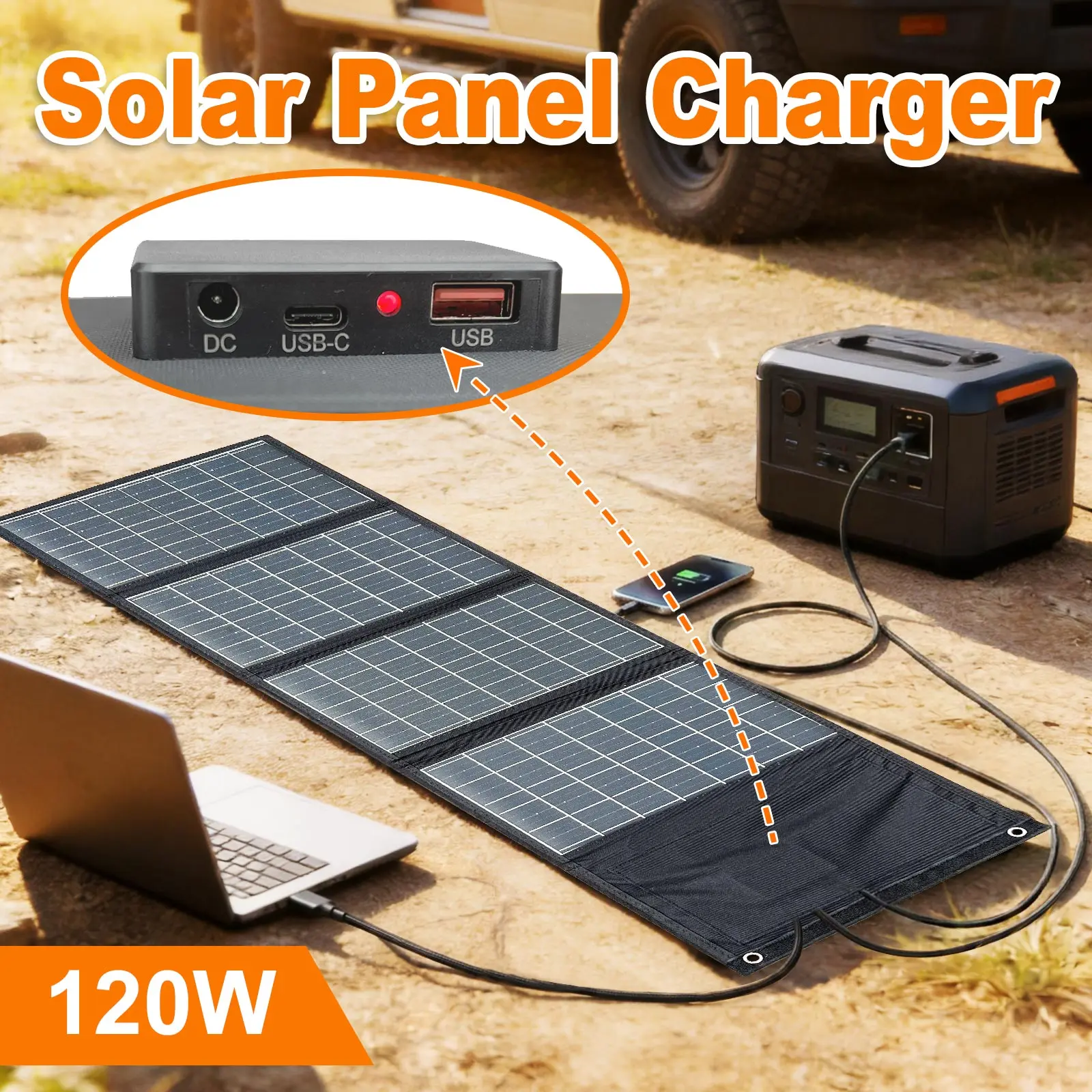 Leaorld 120W Solarpanel 12V Batterieladegerät, Faltbares QC3.0 PD3.0 Solar-Handy-Schnellladegerät, Clips, Powerstation, Wohnmobile, Camping