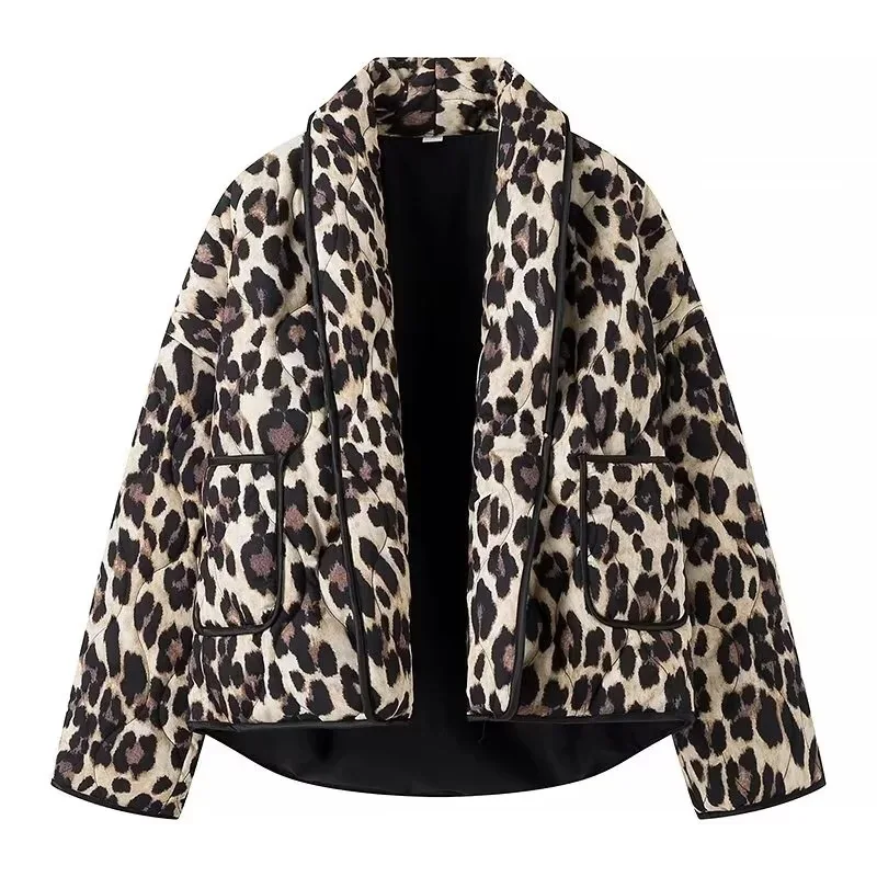 Y2K Leopard Print Quilted Coats For Women 2024 Autumn Winter New Long Sleeve Cotton Jacket Outerwear Ladies Cardigan Parkas