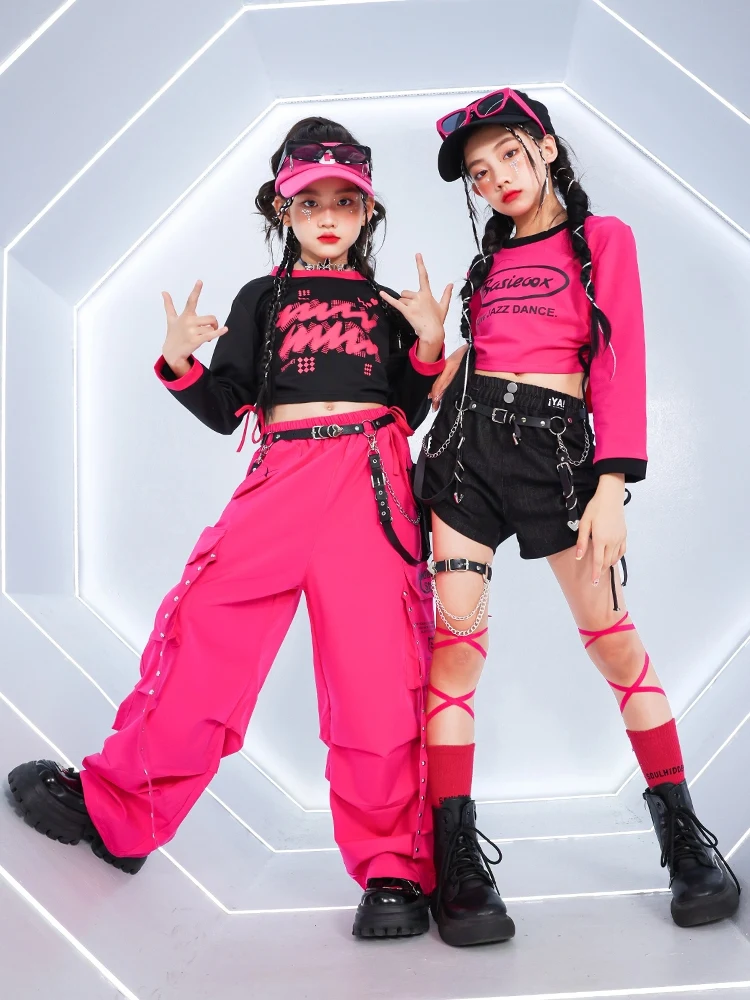 Kpop Jazz Roupas de Dança para menina, Traje de Cheerlead, Mangas Compridas, Tops Umbigo, Calças Hip Hop Crianças Vestuário Competição, BL13548